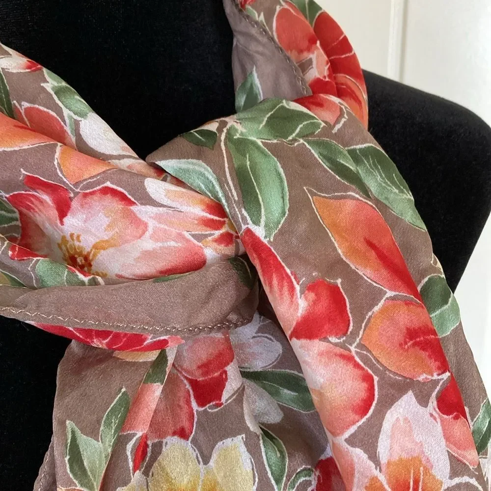 Anne Klein Silk Scarf Floral Coquette Feminine Brown Red Gree Yellow‎ 11x53
